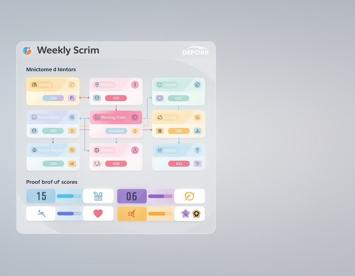 Ilustrasi jadwal scrim mingguan DEPO88 dengan bracket, room match, dan bukti skor