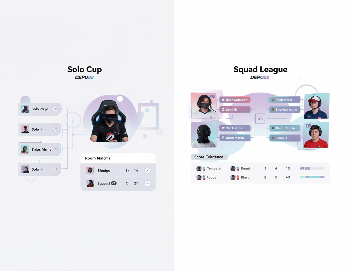 Ilustrasi solo cup vs squad league DEPO88 dengan bracket, room match, dan bukti skor